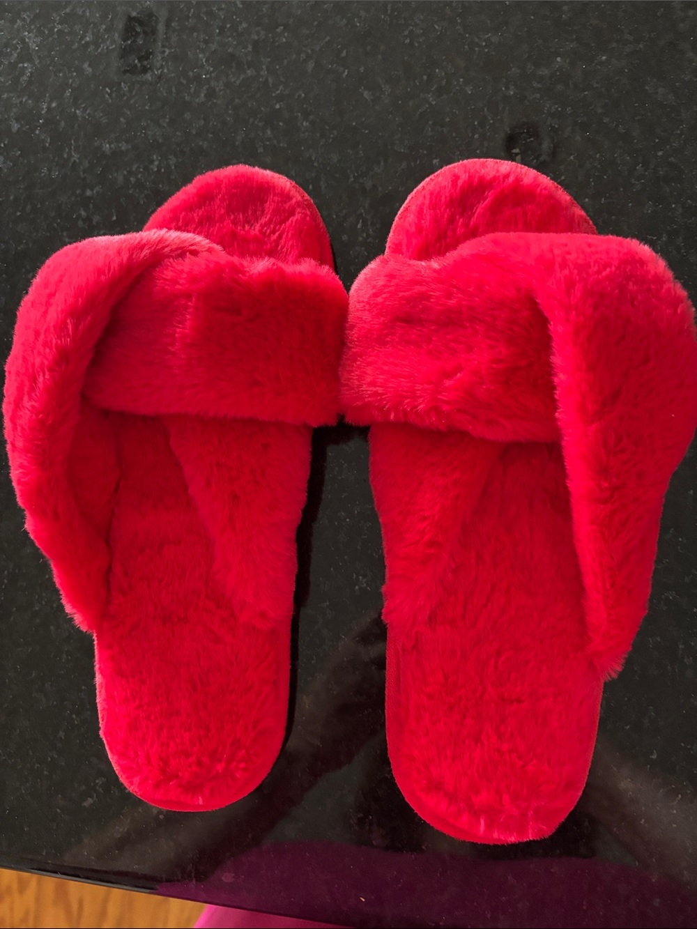 LOFT Plush Faux-Fur Slide Slippers in Vibrant Red